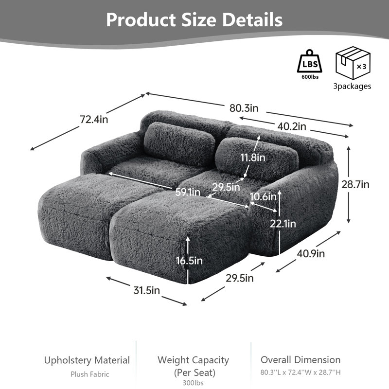 Canapé modulaire de 80 po en tissu moelleux sans os avec repose-pieds modulaire 32D, siège en nuage 32D à densité élevée, aucun assemblage requis