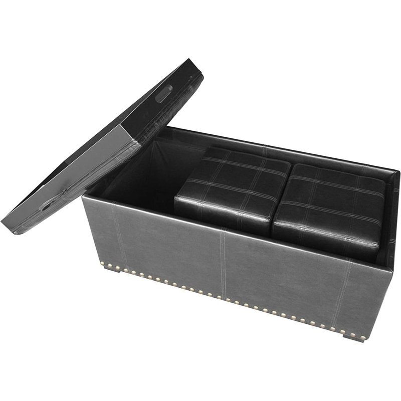 Leather Storage Bench With 2 Side Ottomans, Black