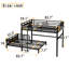 Lit superposé double au-dessus d'un lit double / lit mezzanine en métal et lits plateforme en métal, avec barrière de sécurité surélevée, couleur bois rétro-129581986