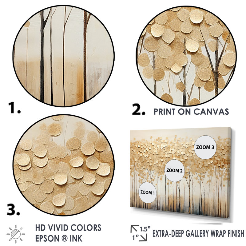 Minimalisme Golden Trees Harmony sur toile, H 24 po x l 32 po x P 1 po, Cadre simple noir