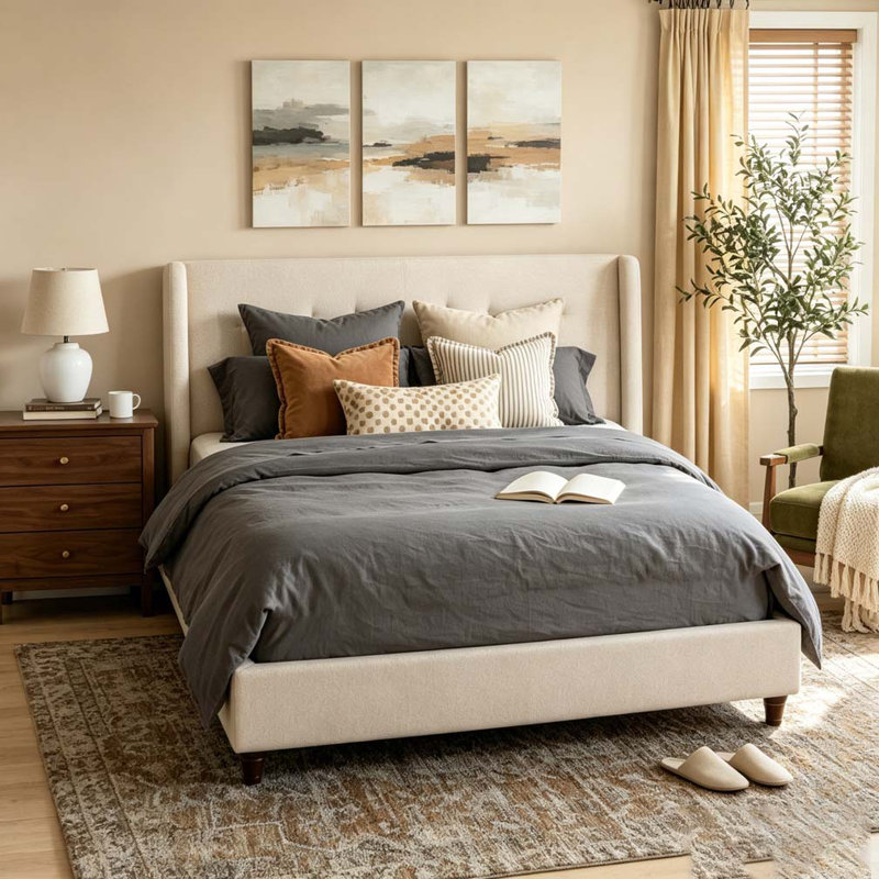 Base de lit tapissier 52,7 po, Taupe, Grand lit