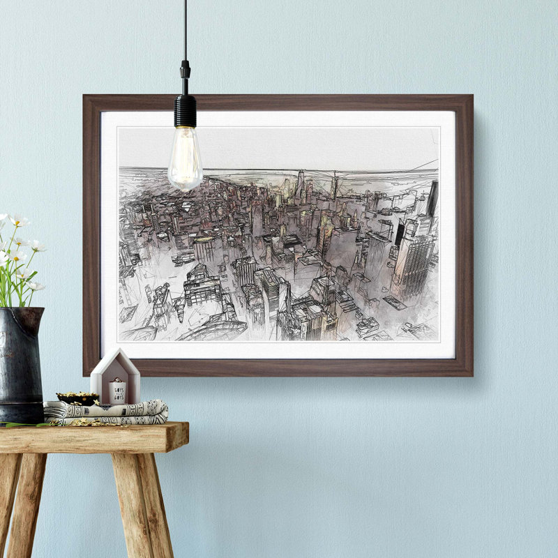 Flying over the Chicago Skyline in Abstract - Framed Print, 60cm H x 91cm W x 2cm D, Walnut