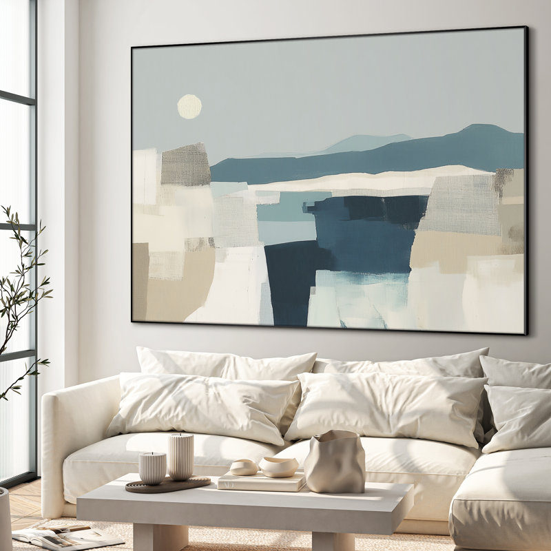 Extra Large Wall Art Fabric Print - Geometric Abstract Landscape in Soft Blue and Beige Artwork Decor for Living Room or Bedroom - "Frame Assembly Required (Unfinished Frame)"