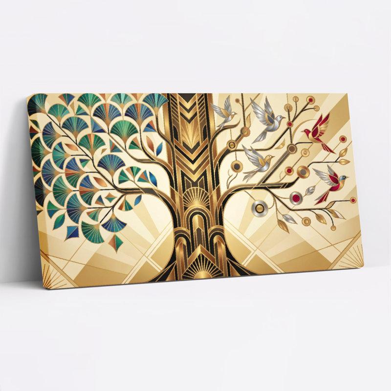 Arbre de vie Art déco avec oiseaux et motifs géométriques, toile tendue sur châssis, lot de 1, H 12 po x l 36 po