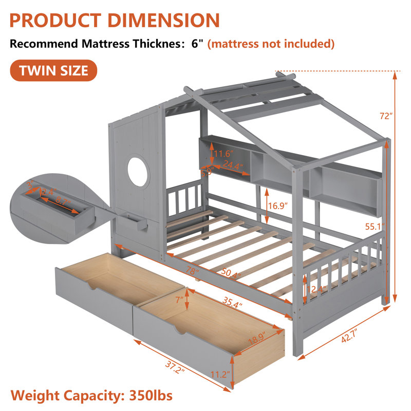 Lit simple en bois avec 2 tiroirs, lit pour enfant avec tablette de rangement (matelas non inclus), Gris, Lit simple