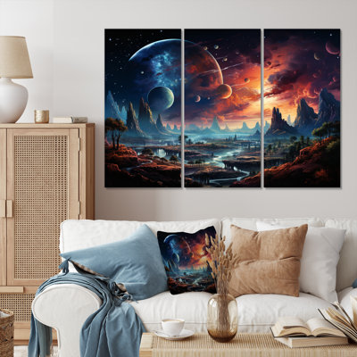 Ensemble de salon mural en métal orange bleu astronomical Dreams II - Galaxies