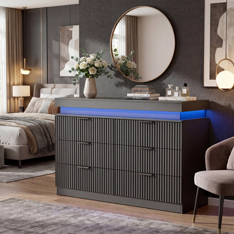 Commode à 6 tiroirs l 47,2 po avec prise de courant et éclairage d'ambiance à DEL pour chambre à coucher, Black