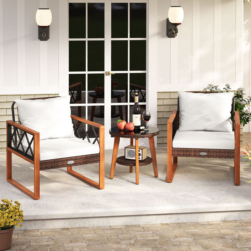 Ensemble de meubles de patio 3 pièces avec plateau en verre trempé et coussins moelleux