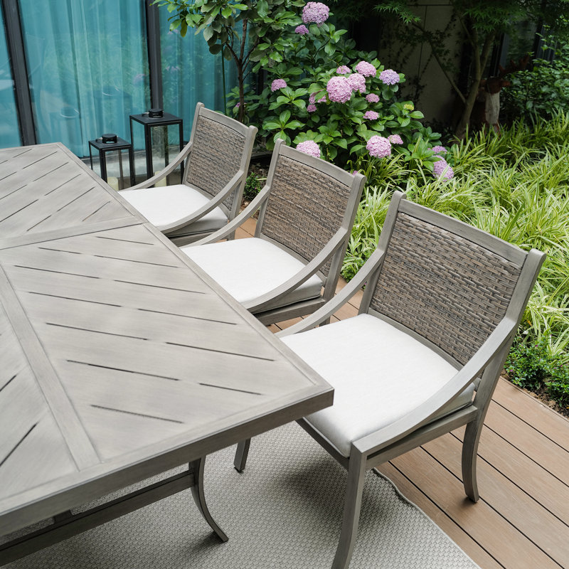 Patio Metal Rectangular Dining Set With Umbrella Hole And Cushions  For 8 Person