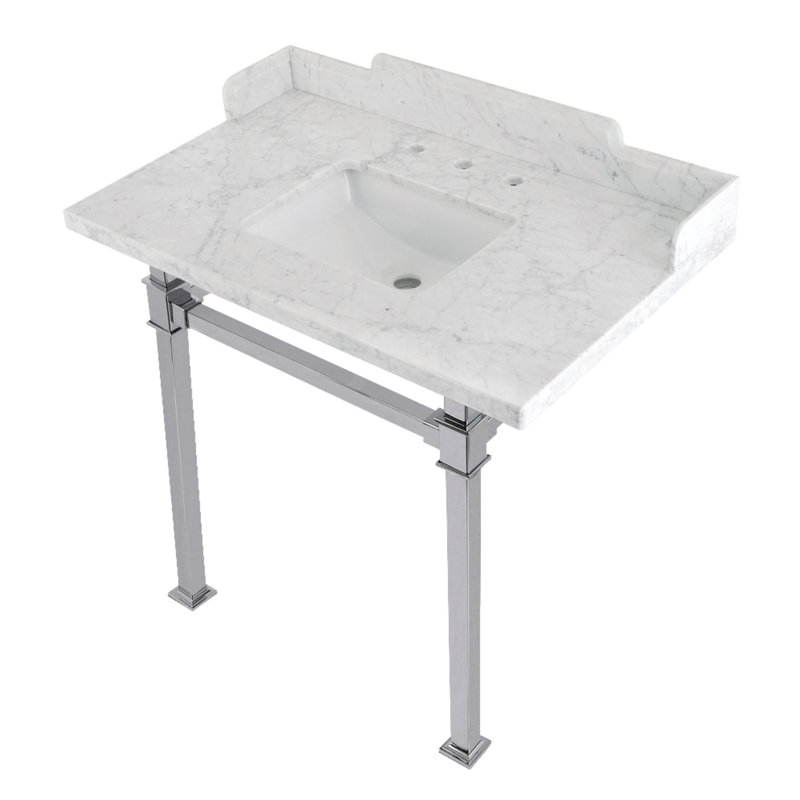 Kingston Brass Viceroy 36-Inch Carrara Marble Console Sink with Stainless Steel Legs (8-Inch, 3-Hole)