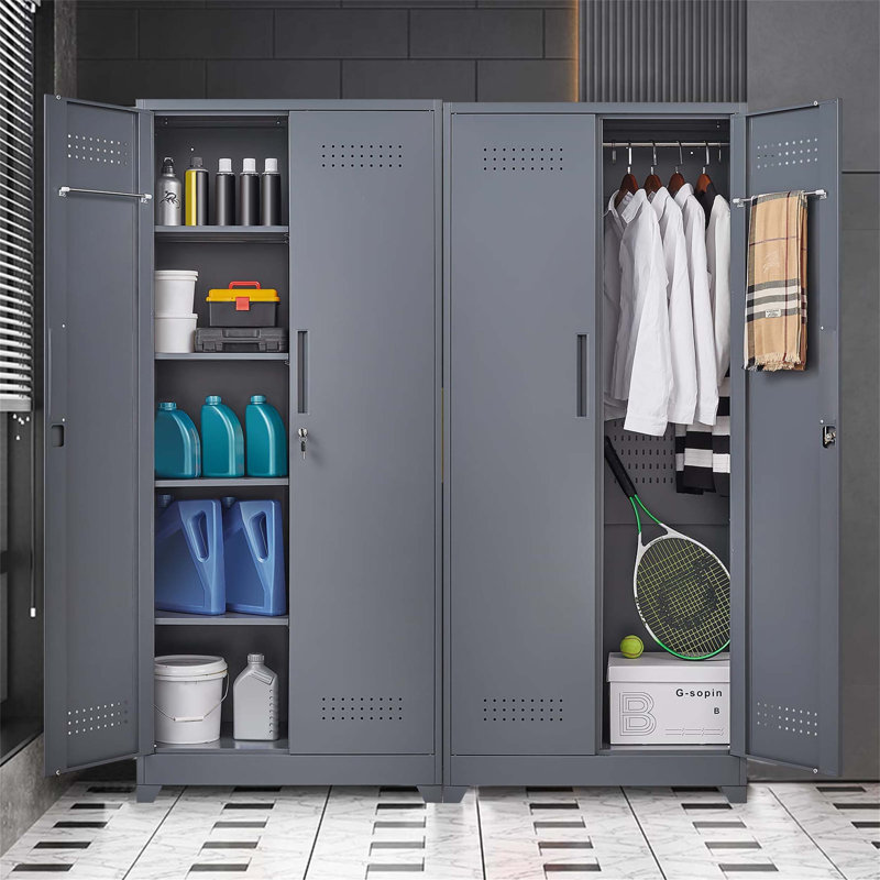 Armoires de rangement en métal durable avec porte verrouillable, grand porte-balai et tablettes réglables pour une utilisation polyvalente dans la cuisine, le garde-manger, le bureau et le garage