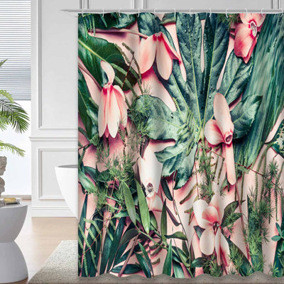 Tropical Flowers Palm Leaves Pastel Pink Shower Curtain with 12 Hooks