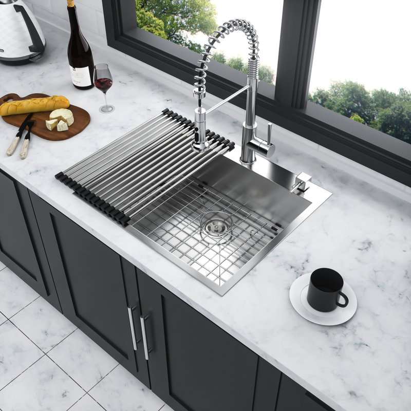 22X9 Inch Stainless Steel Kitchen Sink. Topmount With Surface And 3.5" Drain Openings For Efficient Drainage Hygiene 25" Single Bowl 304 Effective