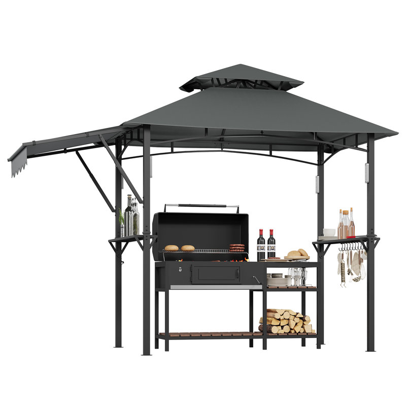 Grey Heavy-Duty Double-Tier Grill Gazebo, 8x5 FT Steel Frame BBQ Canopy with Side Awnings, Shelves, Hooks, Bottle Opener and 4 LED Lights for Patio