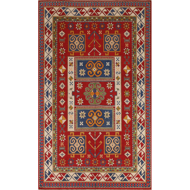 Tapis géométrique rouge fait à la main Kazak