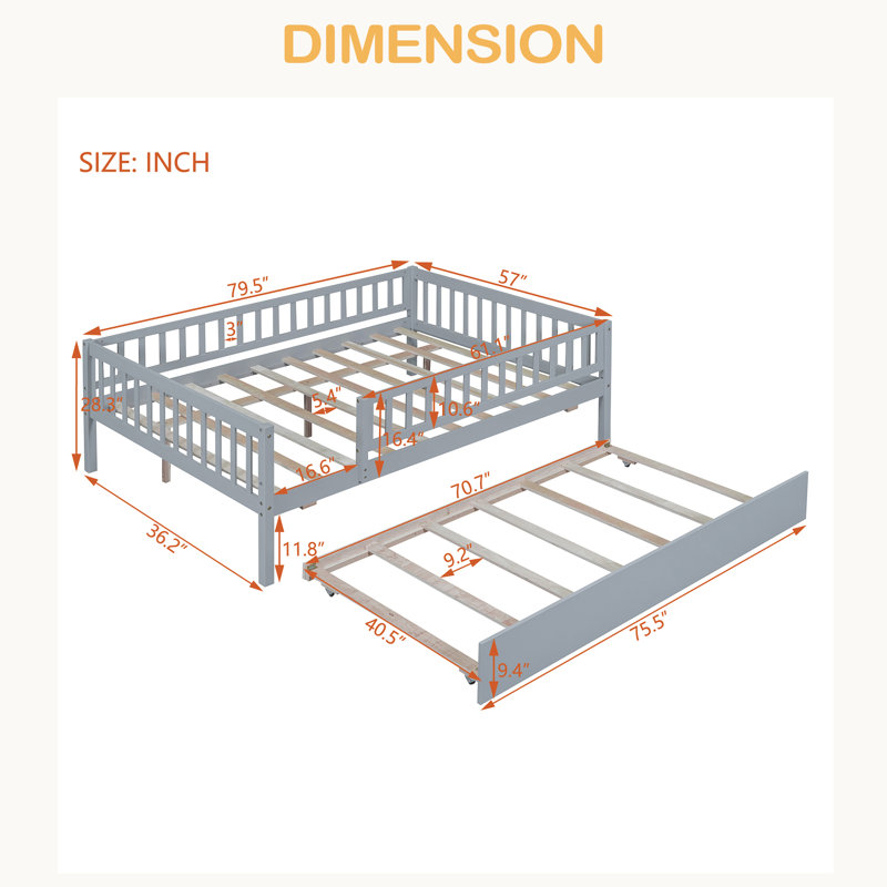 Lit de jour double en bois avec couchette et garde-corps, Gris
