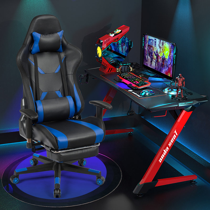 Inbox Zero Adjustable Reclining Ergonomic Faux Leather Swiveling PC & Racing Game Chair with Footrest, Black/Blue