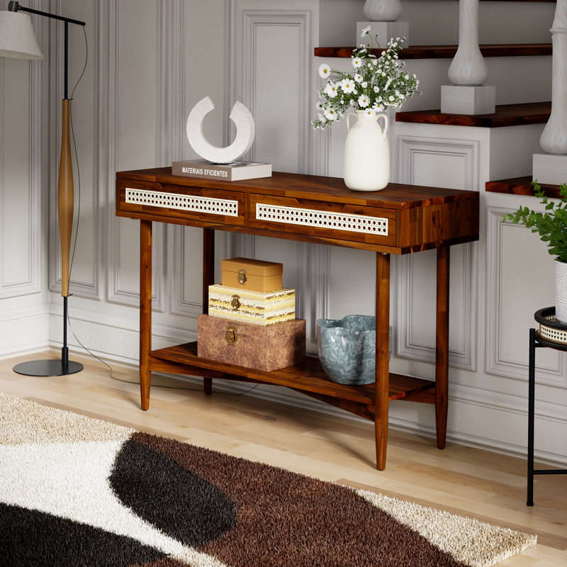  Oliver 47”W Mid-Century Wood Console Table with 2 Drawers, Walnut