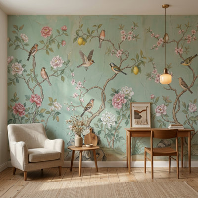 Papier peint mural rétro avec motif floral, sauge, fond vert, oiseaux sur branches