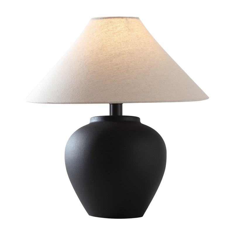 Rustic Black Ceramic Table Lamp With Linen Shade, Farmhouse Bedside Accent Lamp With Free LED Bulb, Cozy Nightstand Lamp For Living Room Bedroom Entryway