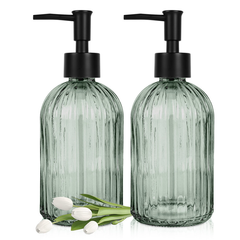 2 Pack Glass Soap Dispenser with Plastic Pump, 400ml Liquid Hand Soap Dispenser, Rustproof Pump for Kitchen & Bathroom, Great for Lotions, Essential Oil, Liquid Soaps,Army Green