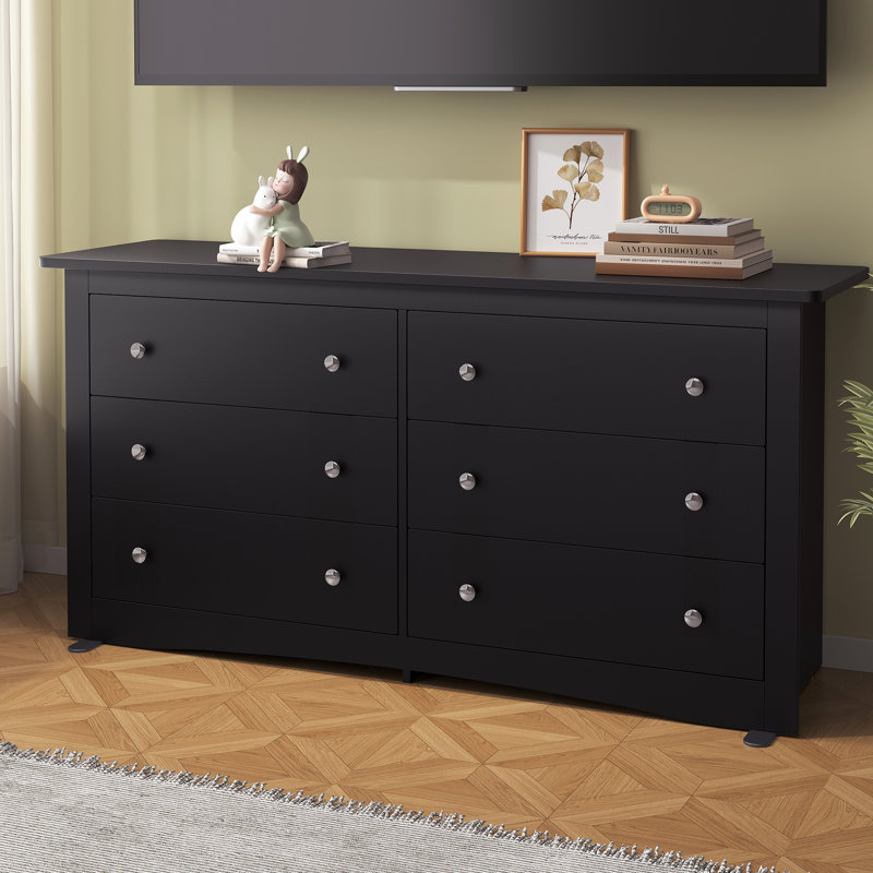 59" W 6-Drawer Double Dresser, Modern Wood Storage Chest, Black