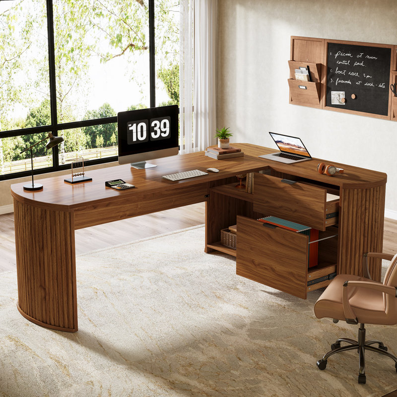 Fluted L-Shaped Executive Desk with Filing Cabinet