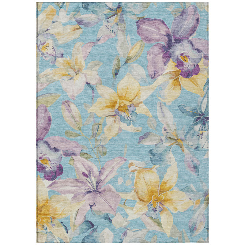 Machine Washable Indoor/Outdoor London ACN2262 Floral Rug, Rectangle 10' x 14'