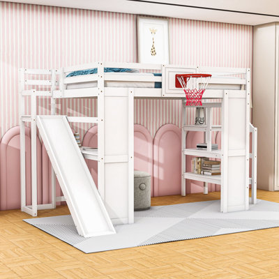 Full-Size Loft Bed with Desk, Slide and Basketball Hoop