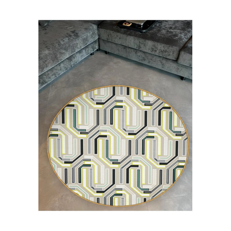 Gray Yellow Green Patterned Woven Base Decorative Carpet, Round 4'