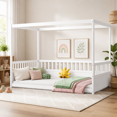 Cadre de lit à baldaquin pleine grandeur avec garde-corps pour enfants, lit à plancher double avec conception à baldaquin, lit de plancher pour enfants Montessori, cadre de lit à baldaquin en bois pour filles, garçons