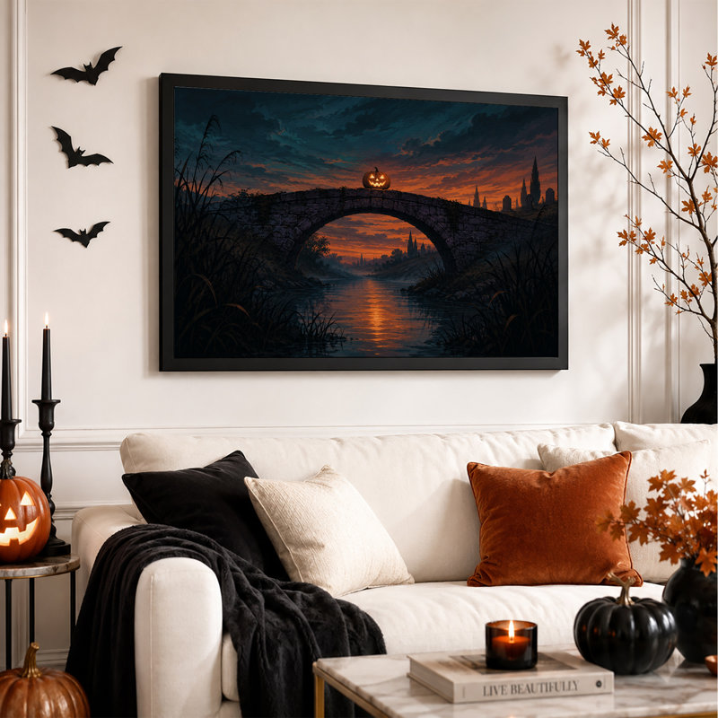 Citrouille lumineuse sur un pont de pierre au crépuscule - Toile murale d'Halloween, H 16 po x l 24 po