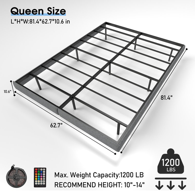 Floating Bed Frame with LED Lights Metal Slats Underbed Storage Space No Box Spring, Grey, Queen