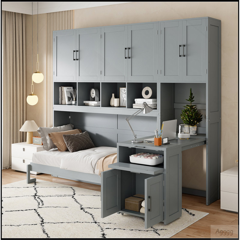 Lit escamotable simple avec placard, tiroirs et bureau, White