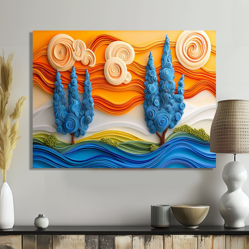 «Blue and Orange River Into The Valley II» - pointillisme, décoration murale en métal, impression moderne sur métal