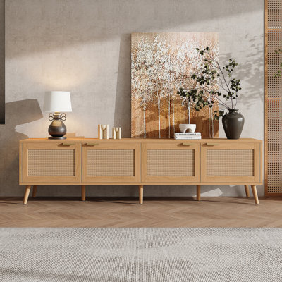 Meuble télé avec portes en rotin pour téléviseur de 80 po ou moins, console multimédia avec trous pour câbles, centre de divertissement pour le salon