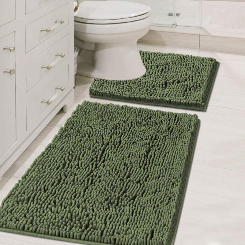 Ensemble de tapis de salle de bain en chenille de luxe, tapis de douche moelleux moelleux + tapis de toilette, tapis à poils longs en microfibre, lavable à la machine (ensemble incurvé, 32 po x 20 po / 20 po x 20 po, Loden)