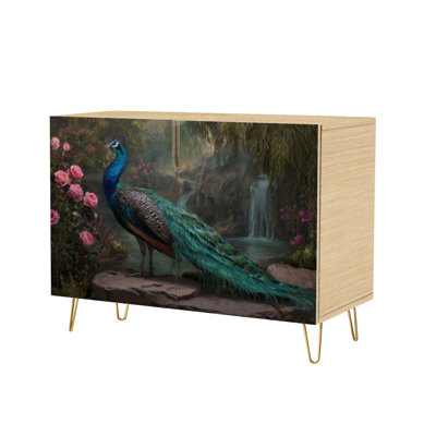 Sideboard Buffet Cabinet with Storage Majestic Peacock Vibrant Feathers by Serene Waterfall Forest Setting with 2 Doors for Living Room and Kitchen