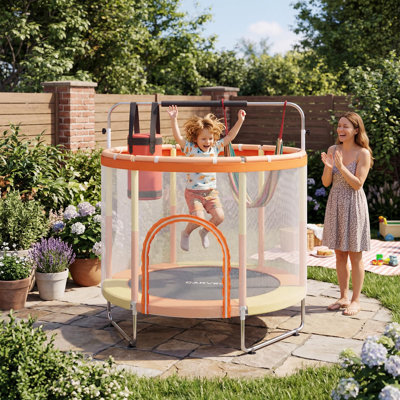 Trampoline 60 po pour enfants avec enclos, capacité de 440 lb avec barre et jouets de gymnastique réglables, trampoline pour bébé intérieur et extérieur, pour garçons et filles