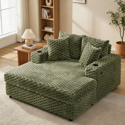 Chaise longue surdimensionnée en velours côtelé de 60 po avec accoudoirs, coussins décoratifs, ports USB et porte-gobelets, grand fauteuil inclinable moderne