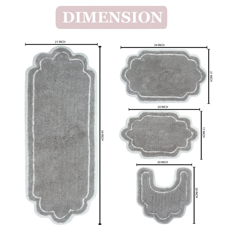 Dobrinsky 100% Cotton Bath Rug and Contour Mat, Machine Washable, Quick Dry, Absorbent - 4 Piece Set, Gray