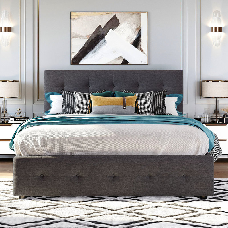2 Drawers & 1 Twin Xl Trundle Upholstered Platform Bed, Queen Size - Dark Grey And Offers A Stylish Practical Bedroom Solution