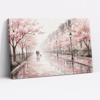" Pink Cherry Blossom Street With Couple Walking " Painting