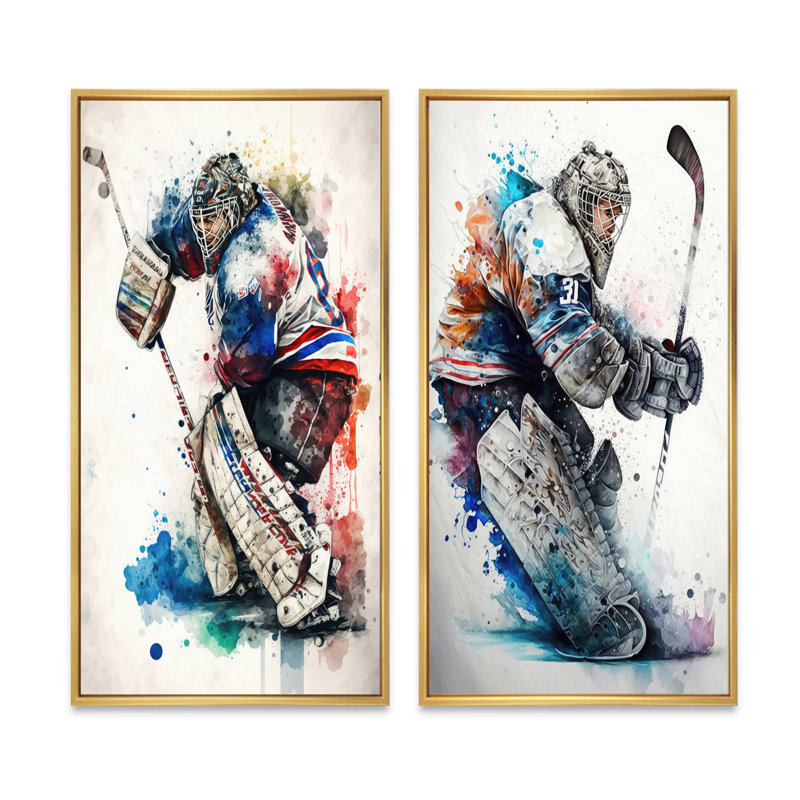«Hockey Gardien», 2 pièces sur toile, Encadrement doré, H 20 po x l 24 po