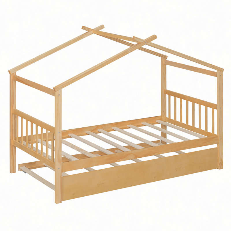 Lit simple en bois avec lit gigogne, idéal pour les chambres d'enfants, encourageant la créativité et maximisant l'utilisation de l'espace