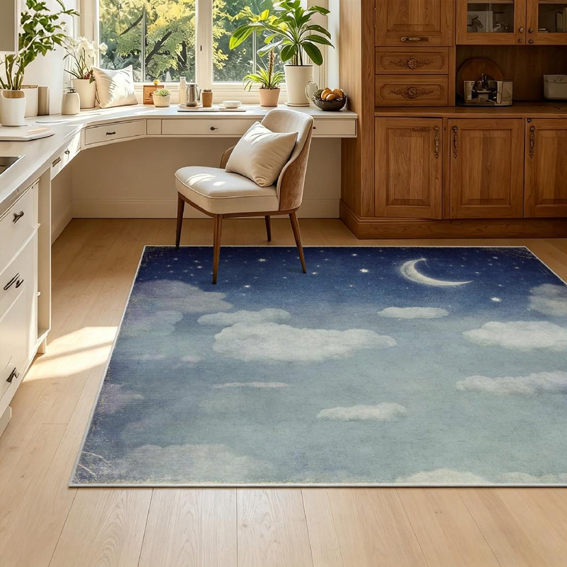 Tapis transparent lavable à la machine, ciel étoilé, lune fantastique et intérieur, Rectangle 55 po x 79 po