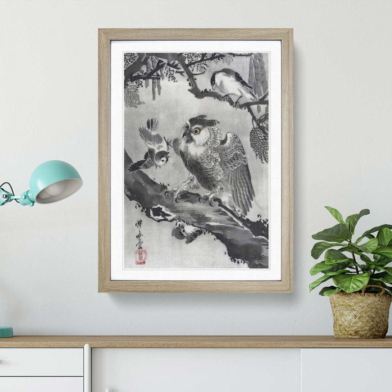 Birds with an Owl by Kawanabe Kyosai - Picture Frame Painting Print, Oak Framed, 36cm H x 27cm W x 2cm D