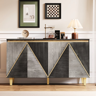 Buffet 60 po avec buffet rétro à 4 portes, tablettes réglables, portes à effet dimensionnel, idéal pour la salle à manger, la cuisine, le salon et le buffet gris foncé, arrondi bicolore