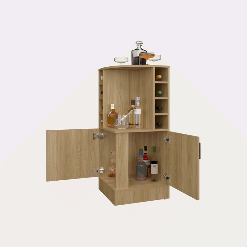 Corner Bar Cabinet With Bottle Rack And Open Shelf, Natural