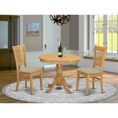 3 Piece Kitchen Table Set for Small Spaces Contains a Round Dining Room Table with Pedestal and 2 Linen Fabric Upholstered Chairs, 36x36 Inch, Oak